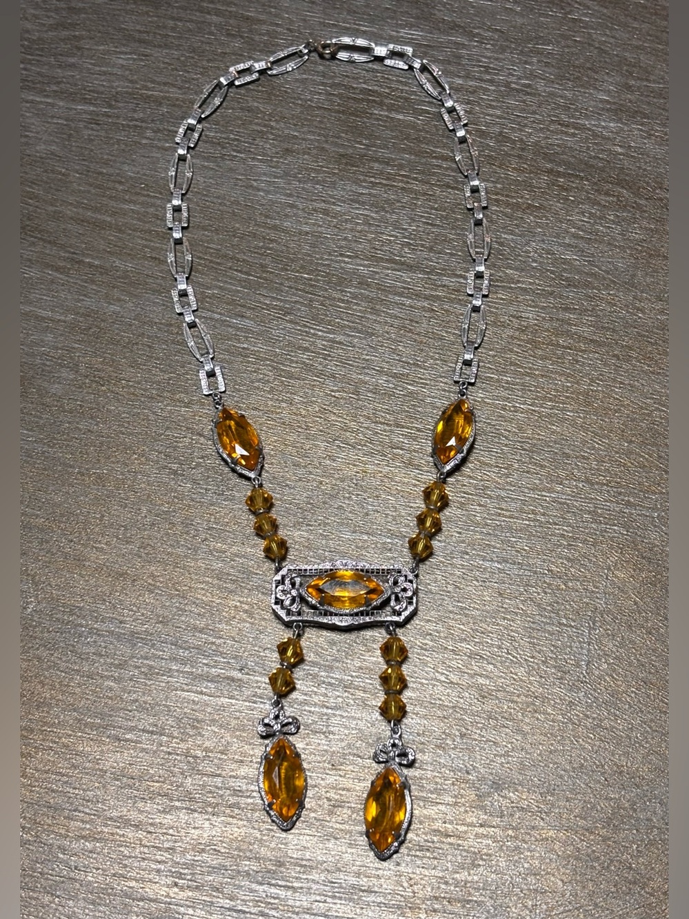 Antique Art Deco 1920’s-30’s Amber Crystal Filigree Statement Necklace